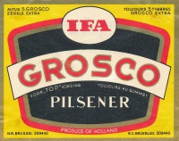 Etiket van Grosco waarin ook al het logo van IFA is te vinden. Let op het taalfoutje 'altud' in plaats van 'altijd'.