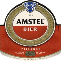 Het huidige Amstel etiket voor pilsener, met een nieuw logo. De paarden zijn nu leeuwen.